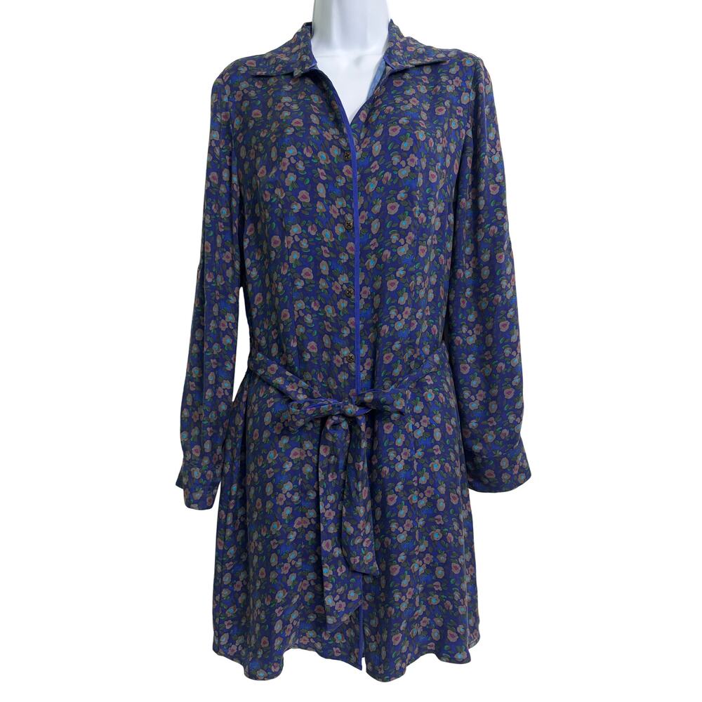 Poeta Palm Beach Indigo Floral Long Sleeve Button Up Midi Shirt Dress Size S